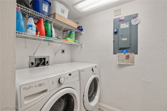 laundry area with electric panel and separate washer and dryer