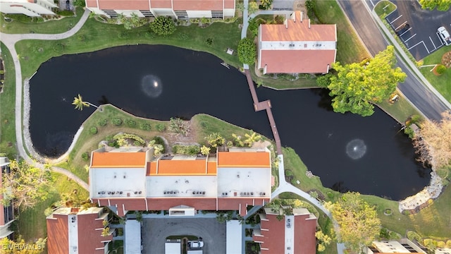 drone / aerial view with a water view