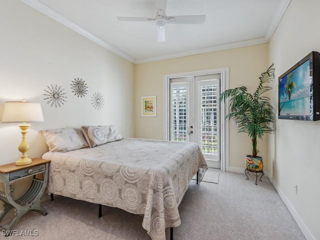 carpeted bedroom with ceiling fan, ornamental molding, access to outside, and french doors