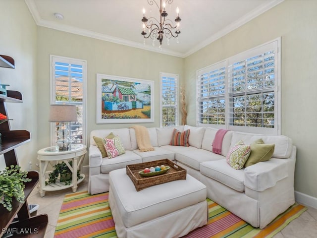 living room featuring a chandelier, a healthy amount of sunlight, and ornamental molding