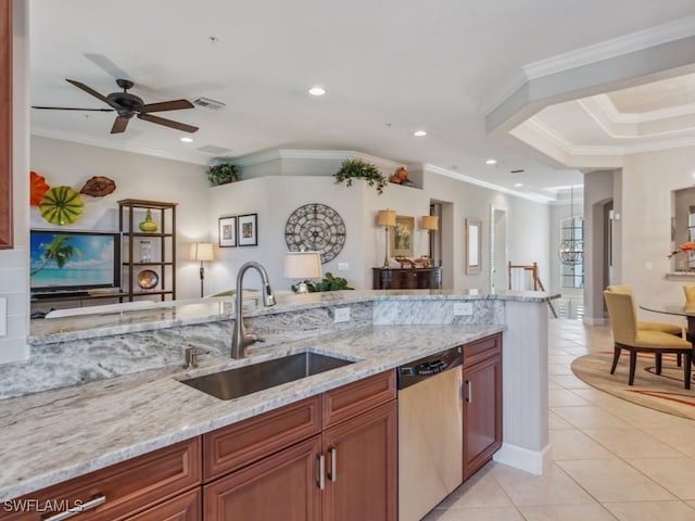 kitchen featuring ceiling fan, light tile patterned flooring, stainless steel dishwasher, light stone counters, and sink