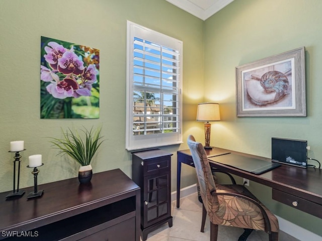 office featuring light tile patterned flooring and ornamental molding