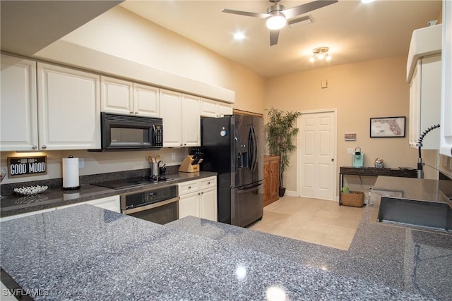 2902 SW 10th Pl, Cape Coral, FL 33914 - kitchen featuring black appliances, a ceiling fan, white cabinets, and dark stone countertops