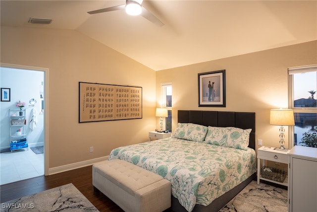 bedroom featuring vaulted ceiling, ceiling fan, and dark hardwood / wood-style floors