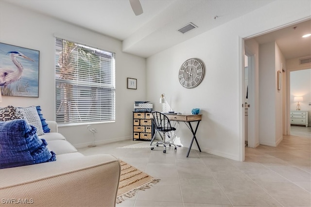 office area featuring ceiling fan and light tile patterned flooring