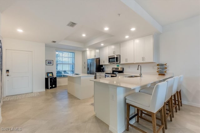 kitchen with kitchen peninsula, a kitchen bar, stainless steel appliances, sink, and a kitchen island