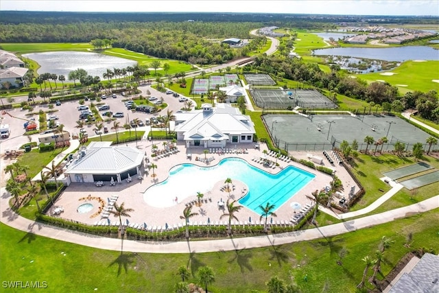 drone / aerial view featuring a water view