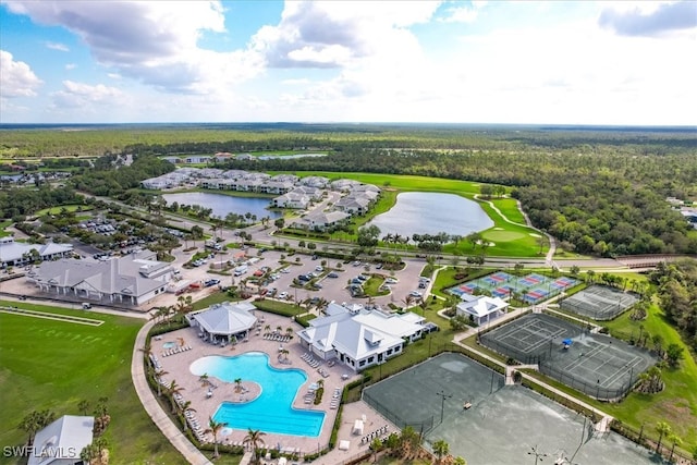 birds eye view of property featuring a water view