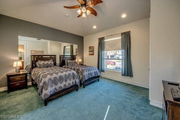 carpeted bedroom featuring ceiling fan