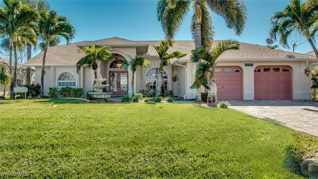 view of front of property with a front yard and a garage