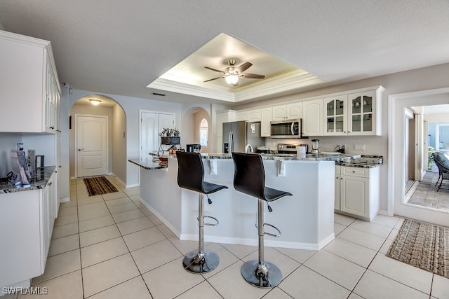 kitchen with a healthy amount of sunlight, stainless steel appliances, dark stone countertops, a tray ceiling, and white cabinets