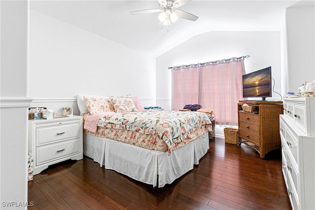 bedroom with dark hardwood / wood-style floors, ceiling fan, and lofted ceiling