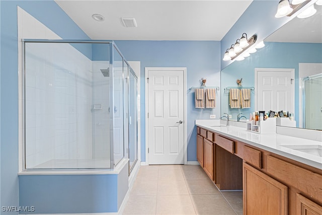 bathroom with tile patterned floors, vanity, and walk in shower