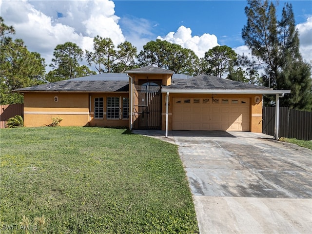 view of front of property featuring a front lawn and a garage