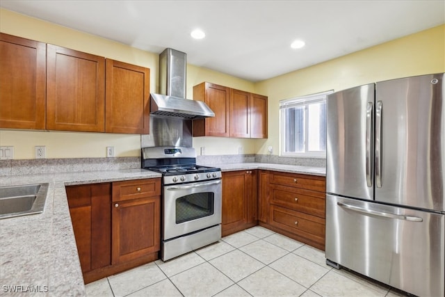 kitchen featuring sink, wall chimney range hood, stainless steel appliances, and light tile patterned floors