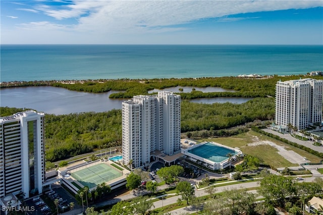 drone / aerial view featuring a water view