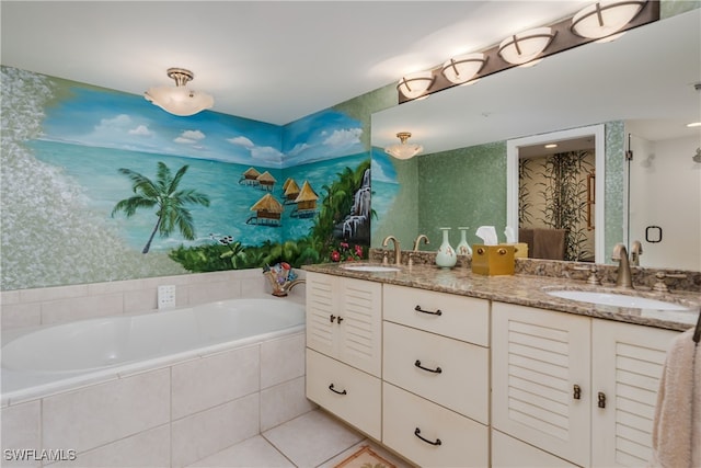 bathroom featuring tile patterned floors, separate shower and tub, and vanity