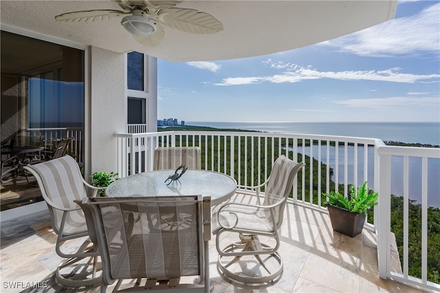 balcony featuring ceiling fan and a water view