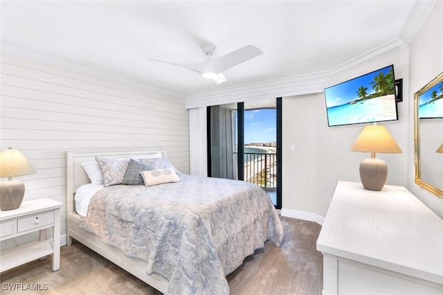 bedroom with access to outside, ceiling fan, crown molding, and hardwood / wood-style flooring