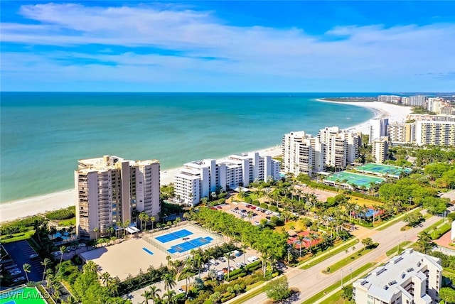 drone / aerial view with a water view and a beach view