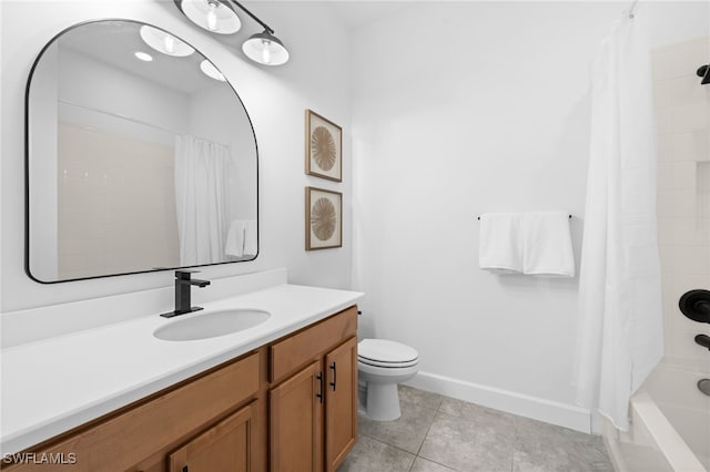 full bathroom featuring tile patterned flooring, vanity, toilet, and shower / bathtub combination with curtain