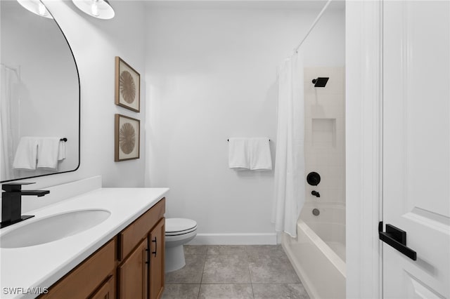 full bathroom with tile patterned floors, vanity, toilet, and shower / bathtub combination with curtain