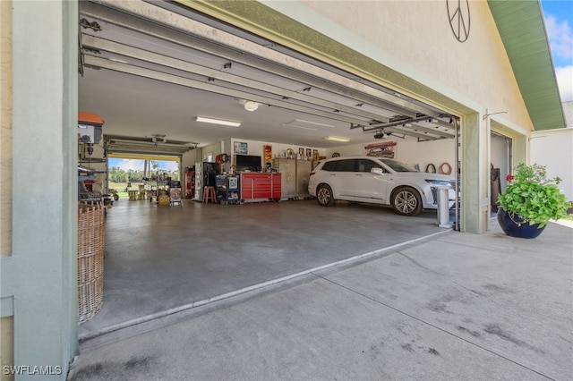 garage featuring a workshop area