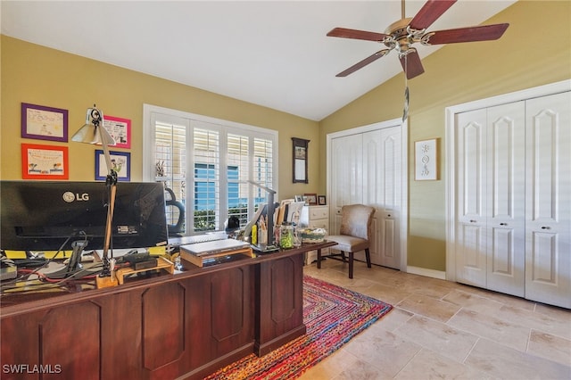 home office featuring ceiling fan and vaulted ceiling