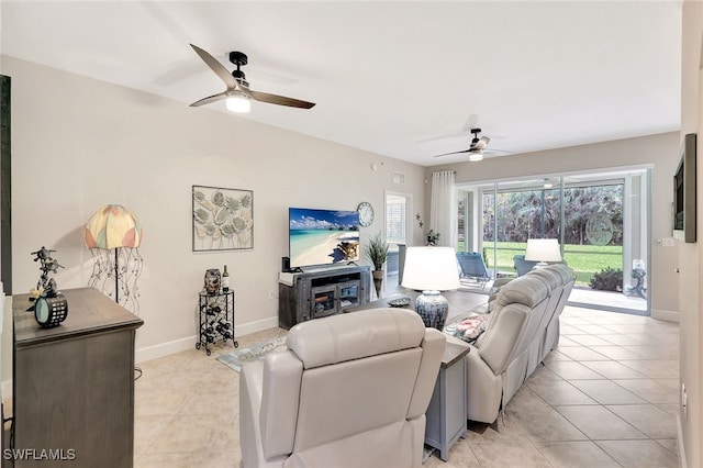 tiled living room with ceiling fan