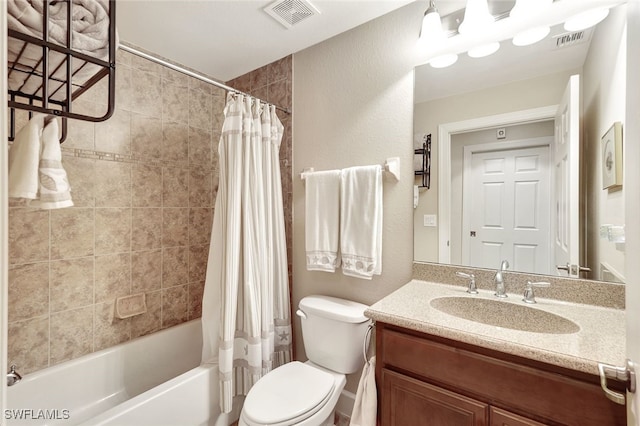 full bathroom featuring shower / bath combination with curtain, vanity, and toilet