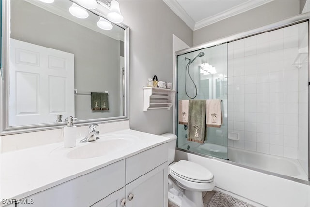 bathroom with combined bath / shower with glass door, vanity, toilet, and crown molding