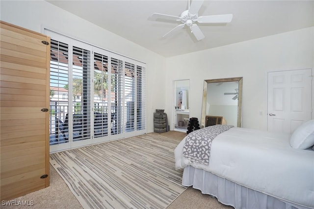 bedroom with light colored carpet and ceiling fan