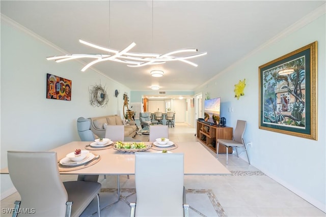 dining area featuring light tile patterned floors, crown molding, and a notable chandelier