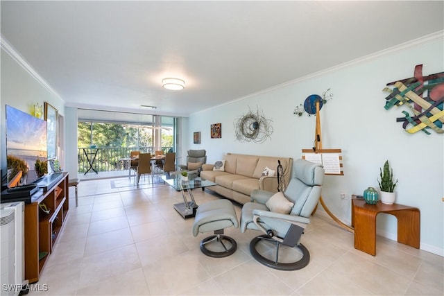 tiled living room featuring crown molding