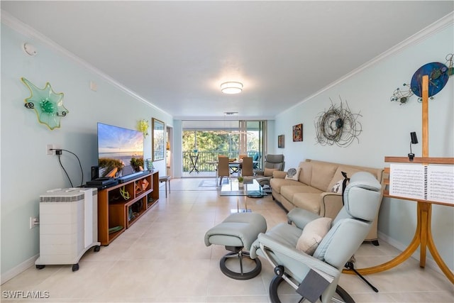 tiled living room with ornamental molding