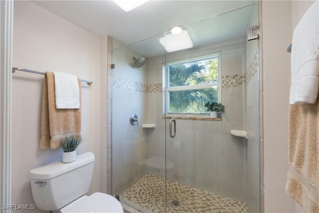 bathroom featuring toilet and a shower with door