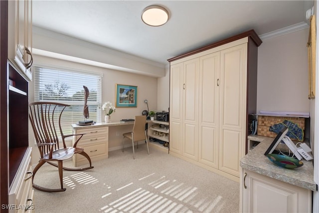 office area with light colored carpet and crown molding