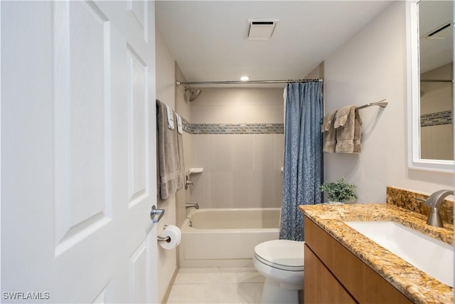 full bathroom with toilet, shower / bath combination with curtain, tile patterned floors, and vanity