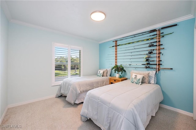 carpeted bedroom with ornamental molding