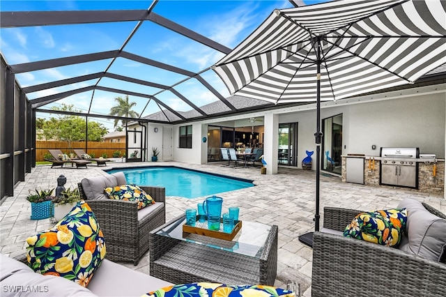 view of pool featuring area for grilling, an outdoor living space, a patio, and glass enclosure