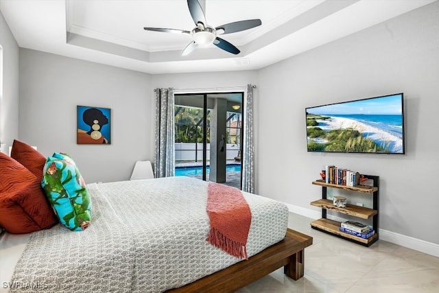 bedroom with access to exterior, a raised ceiling, ceiling fan, and crown molding