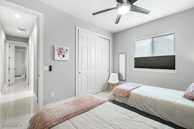 bedroom with ceiling fan and a closet