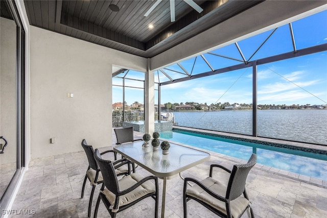 exterior space featuring a water view and wood ceiling