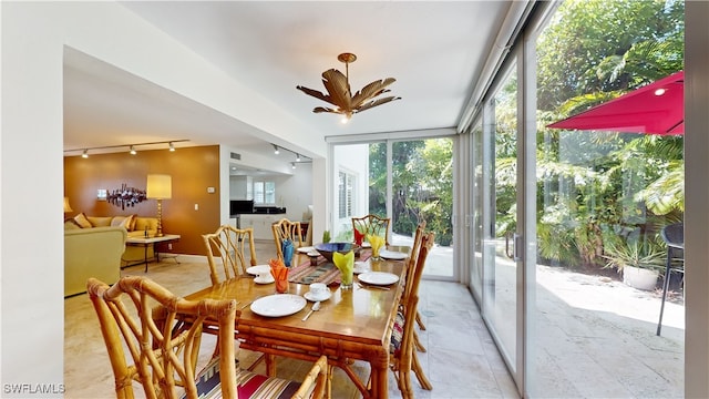 dining space with ceiling fan and rail lighting