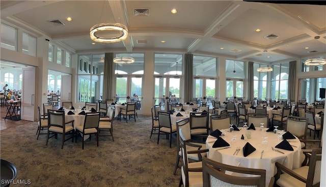 dining area with beamed ceiling, dark colored carpet, and coffered ceiling