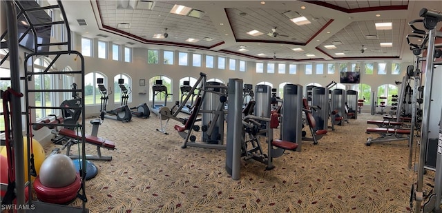 gym with a high ceiling and carpet floors