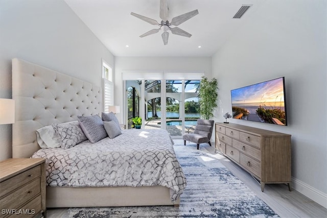 bedroom with access to outside, ceiling fan, and light hardwood / wood-style flooring