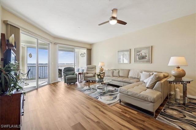 living room with ceiling fan and hardwood / wood-style flooring