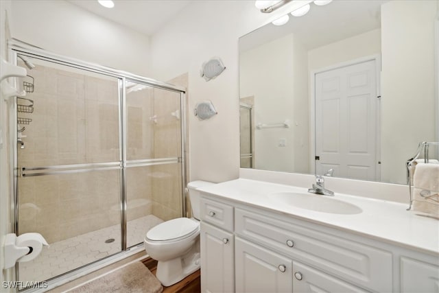 bathroom with vanity, toilet, and a shower with shower door