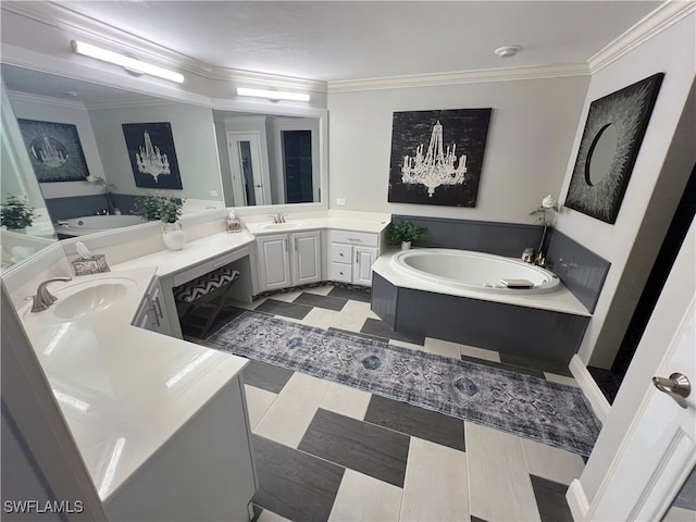 bathroom featuring ornamental molding, vanity, and tiled tub